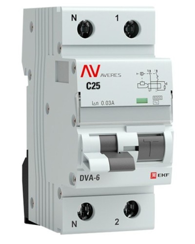 DVA-6 1P+N 25А (C) 30мА (AC) 6кА  AVERES (rcbo6-1pn-25C-30-ac-av). Автоматический выключатель дифференциального тока. EKF в Арзамасе
