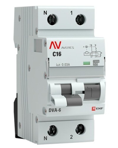 DVA-6 1P+N 16А (C) 30мА (A) 6кА  AVERES (rcbo6-1pn-16C-30-a-av). Автоматический выключатель дифференциального тока. EKF в Арзамасе