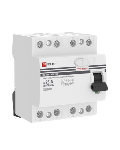 УЗО ВД-100 4P 25А 30мА тип AC эл-мех  PROxima (elcb-4-25-30-em-pro). Выключатель дифференциального тока (УЗО). EKF в Арзамасе