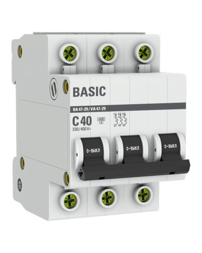 Автоматический выключатель 3P 40А (C) 4,5кА ВА 47-29 Basic (mcb4729-3-40C). Автоматический выключатель. EKF в Арзамасе