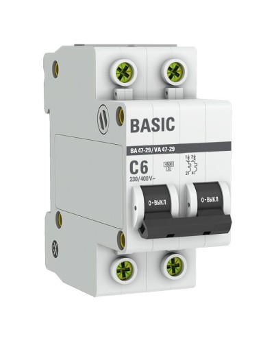 Автоматический выключатель 2P 6А (C) 4,5кА ВА 47-29 Basic (mcb4729-2-06C). Автоматический выключатель. EKF в Арзамасе