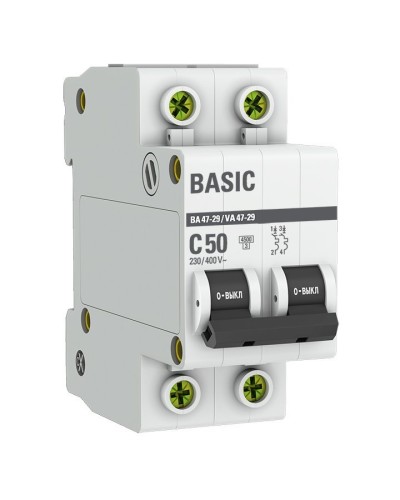 Автоматический выключатель 2P 50А (C) 4,5кА ВА 47-29 Basic (mcb4729-2-50C). Автоматический выключатель. EKF в Арзамасе
