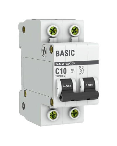Автоматический выключатель 2P 10А (C) 4,5кА ВА 47-29 Basic (mcb4729-2-10C). Автоматический выключатель. EKF в Арзамасе
