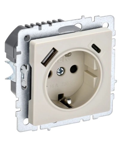 Розетка с з/к с USB A+C 18Вт РЮш11-1-БрКр бежевый BRITE (BR-R14-16-U22-018-K10). Розетка с заземлением с защитными шторками, 18Вт. IEK в Арзамасе