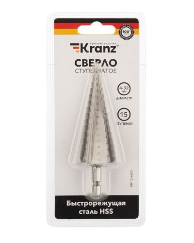 Сверло по металлу ступенчатое 4,0-32,0 мм 102 mm 62 HRC Kranz (KR-12-6603): Сверло по металлу шлифованное в Арзамасе