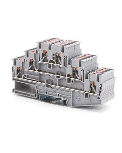 Клемма трехуровневая, зажим push-in, 2.5 кв.мм, серая (VPR-2.5-3L-GY). Клемма проходная, 6 точки подключения. ДКС в Арзамасе